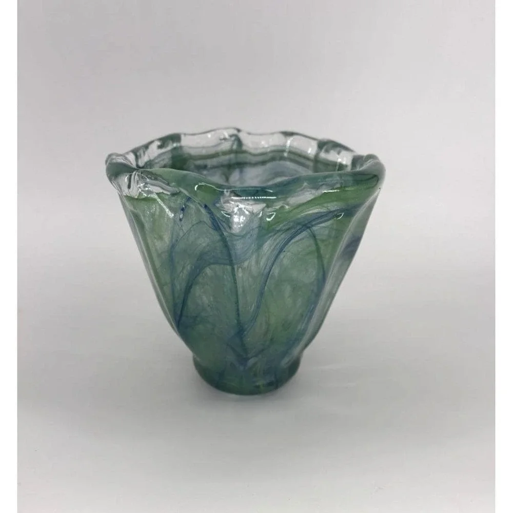 Murano Italy Hand Blown Art Glass Decorative Centerpiece Bowl Blue Green Wavy